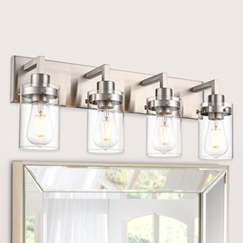 VINLUZ 4 Light Farmhouse Brushed Nickel Finish Industrial Bathroom Vanity Lighting Over Mirror with Clear Glass Shade Wall Light Fixture for Cabinets Dressing Room