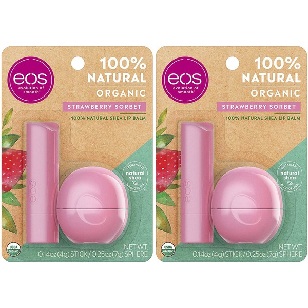 eos USDA Organic Lip Balm - Strawberry Sorbet | Lip Care to Nourish Dry Lips | 100% Natural and Gluten Free | Long Lasting Hydration | 0.25 oz. Sphere | 0.14 oz. Stick (Pack of 2)