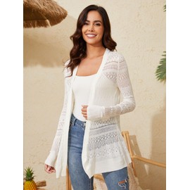 Spicy Sandia Women Lightweight Crochet Cardigan Open Front Long Sleeve Pointelle Summer Sweater 2024 Spring Trendy White L