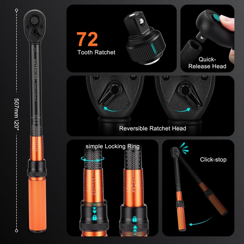 1/2-Inch Drive Torque Wrench Set 22PCS, 10-180FT.LB/13.6-244.1Nm, Click Torque Wrench