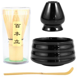 Matcha Whisk Set, Matcha Whisk and Bowl with Pouring Spout, Tea Scoop Whisk Ceramic Holder, 4 Pieces Traditional Matcha Kit(Black)