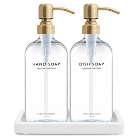 Vine Creations Glass Soap Dispenser Set, Kitchen Soap Dispenser Set with Ceramic Tray, 16 oz Dish Soap and Hand Soap Dispensers with Stainless Steel Pump Decor (Clear Bottle/Brushed Brass)