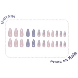 IMRAIN Press on Nails Medium Almond Fake Nails Blue Glitter Glossy Glue on Nails Full Cover White Acrylic Stiletto False Nails with Bling