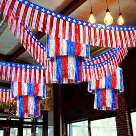 Haull 6 Pcs 4th of July 250th Anniversary Decorations 2 Tier Fringe Tinsel Chandelier with Foil Fringe Garland Streamers Red White and Blue Ceiling Hanging Decor for 250th Anniversary Patriotic Party