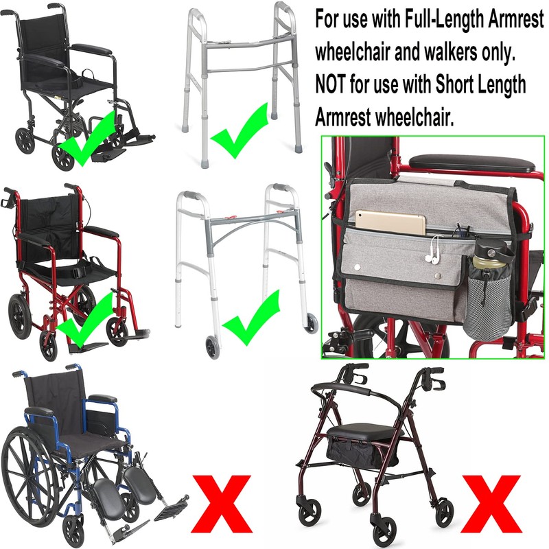 Wheelchair Storage Bag, Double-Sided Armrest Pouch with Cup Holder and