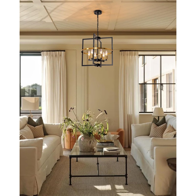 JHLBYL Black and Gold Chandelier: 6-Light Geometric with Reinforced Center