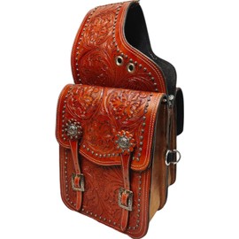 SUPREME SADDLERY Cow Hide Genuine Leather Western Trail Tooling Carving Horse Saddle Bag, Size: 10” L x 10” W x 3 ½” D.