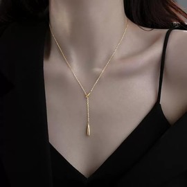 Teardrop Pendant Lariat Y Necklace, Dainty Long Necklaces 14k Gold Plated Sterling Silver Long Chain Necklace for Women Girls (21 in -Gold)