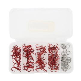 Tomotato Pack of 100 Round Treble Fishing Hooks Set, Carbon Steel Treble Hooks with Double Ring and Storage Box, Super Sharp Carp Hooks, Fishing Equipment for Freshwater and Saltwater Fishing (Red)