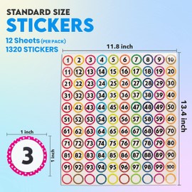 DESKSILLO Colorful Vinyl Number Stickers, 12 Sheets Each Sheet Contains 1 to 100 Numbers, 1 Inch Multicolor Waterproof & Self-Adhesive Number Stickers for Office, Home, Kitchen, Classroom etc