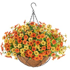Lamsze Artificial Faux Hanging Plants Flowers Basket for Fall, Colorful Daisy Flowers Eucalyptus UV Resistant Look Real for Outdoor Outside Porch Decoration
