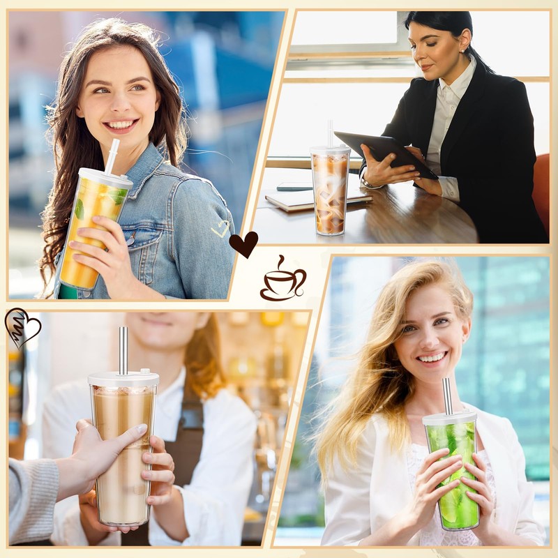 Honeydak 4 Pack Reusable Iced Coffee Cups with Lids and
