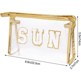 Clear Preppy Patch Makeup Bag, Sun Chenille Letter Bag for Beach, Clear Pouch with Zipper, Preppy Travel Bags Clear Cosmetic Toiletry Bag for Women Girls Teens (Gold)