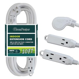 GreenProsper 10 Ft Flat Plug Extension Cord, 16 AWG 3 Prong Grounded Low Profile Extension Cable,3 Outlet Extension Wire for Indoor, White