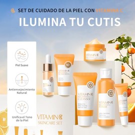 Vitamin C Cuidado de La Piel Protector Solar Set 6 Piezas Limpiador, Tnico, Serum, Crema para Ojos, Crema Facial y Protector Solar para Piel Radiante 