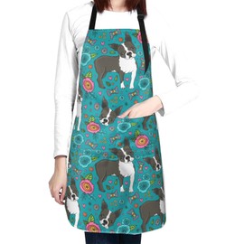 Oplp Boston Terrier and Beautiful Flowers Waterproof Apron Cooking Kitchen Apron Unisex Adjustable Apron