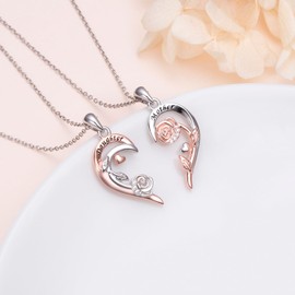 HOOHWE 925 Sterling Silver Mother and Daughter Necklaces for 2 Rose Matching Heart Necklaces for Mom Mother's Day Gifts Jewelry for Mama