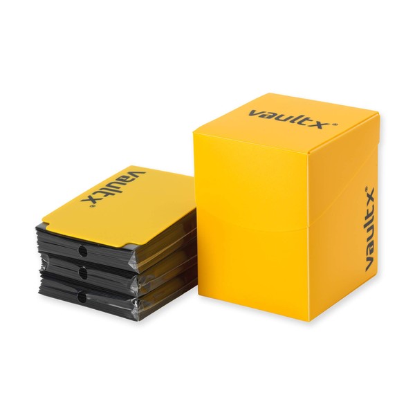 Vault X Large Deck Box with Self-Securing Lid and 150 Easy Shuffle Sleeves - Spacious Portable Holder Fits Over 100 Sleeved Cards - PVC Free Box and Sleeves (Yellow)