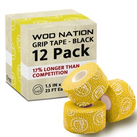 WOD Nation Weightlifting Hook Grip Tape - Bulk 12 Pack (23ft/Roll) Comfortable & Stretchy Athletic Thumb Tape for Weight Lifting, Excercise & Cross Training - Protect Thumb, Wrist & Finger -Yellow