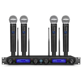 MicrocKing Wireless Microphone System, with 4 Handheld Mics, Metal Build, Fixed Frequency, Long Range 400ft, Ideal for Party/Wedding/Church/Conference/Speech