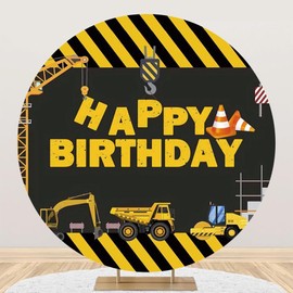 Laeacco 6.5x6.5ft Construction Theme Birthday Round Backdrop Crane Dump Digger Truck Circle Backdrop Polyester Happy Birthday Photo Background for Baby Shower Kids Boys Bday Party Portrait Booth Props