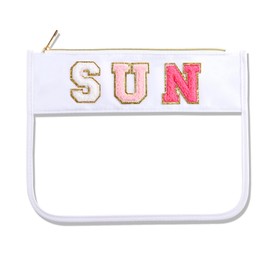 Sun Makeup Bag Summer Sunscreen Clear PVC Cosmetic Letter Pouch bag Beach Pool Swimming Travel Toiletry Pouch Preppy Makeup Bag Storage Organizer Purse for Women Girls Gifts