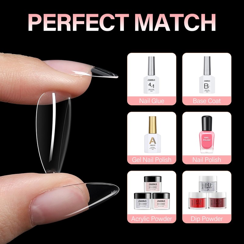 AILLSA Medium Almond Nail Tips Soft Clear Gel Nails Tips