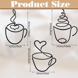 3 Pcs Coffee Cup Metal Wall Art Metal Coffee Sign Wire Hanging Bar Decor Vintage Cup Sign Cafe Themed Decor for Restaurant Kitchen Shop Home Office