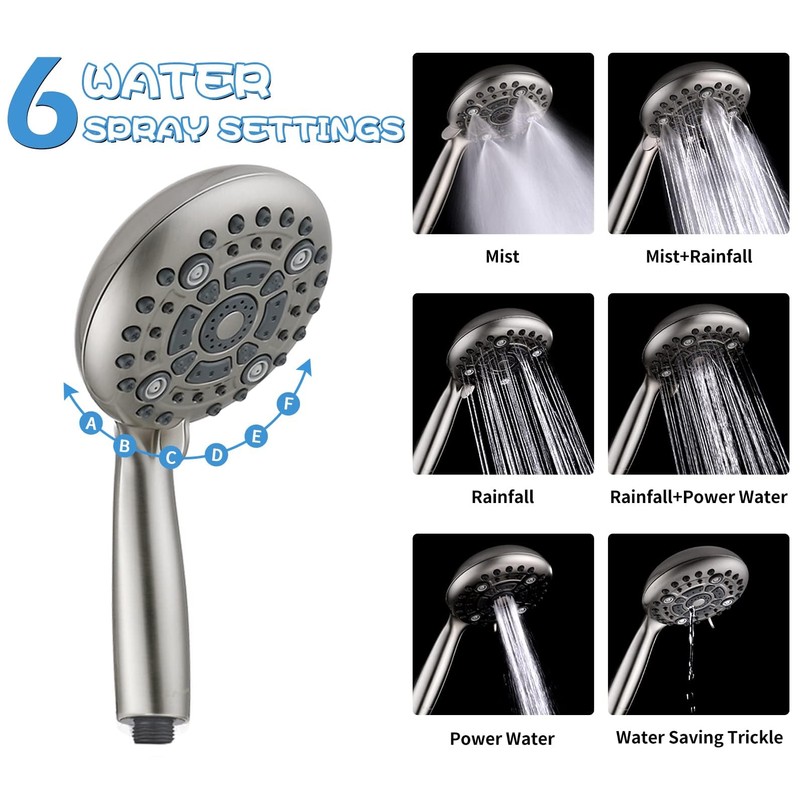 G-Promise Handheld Shower Head High Pressure 6 Spray Settings, Detachable