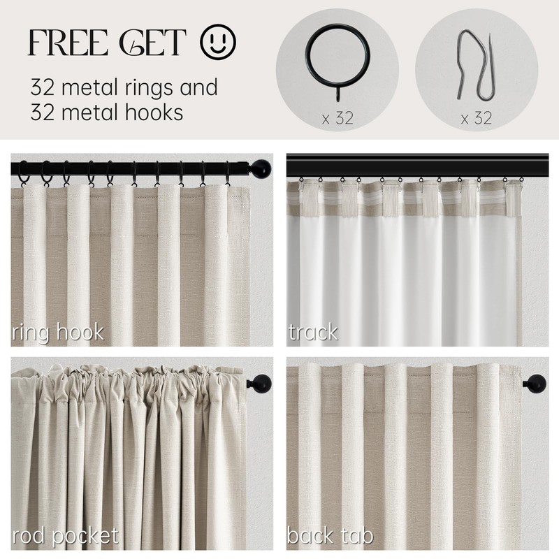 Topfinel Linen Blackout Curtains 96 Inch Long, Boho Farmhouse Ivory