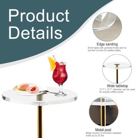 XIMSPHY Clear Acrylic End Table, Round Side Table, Drink Table with Metal Post for Living Room, Bedroom, Office, Easy Assembly, 15.7x15.7 inch, 23 inch high