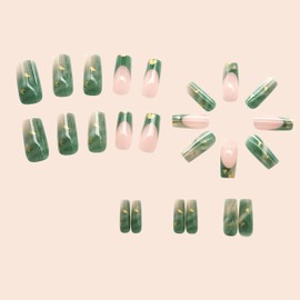 BABALAL Green Press on Medium Squoval False Nails - French Tip Acrylic Nails, 24 Pcs - Gold Design