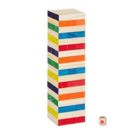 Relaxdays Wobble Tower, 54 Wooden Blocks with Dice, HBT 27 x 7.5 x 7.5 cm, Wooden Tower Game Children, Skill Game, Colourful