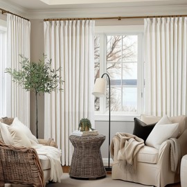 Cream Ivory Extra Wide Pinch Pleat Linen Curtains 84 Inches Long for Living Room Sliding Glass Door 70 Inch Wide Curtain Memory Trained Pleated Drape with Hooks Rings 70x84 Large Window Curtain