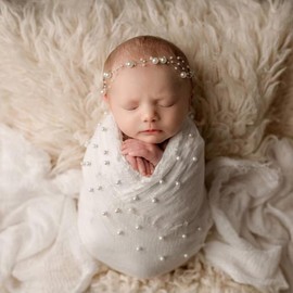 Zeroest Newborn Photography Wraps Baby Photoshoot Props 33.5" x 67" Pearl Raw Edge Wrap Headband for Newborn Photos Infant Outifts (White)