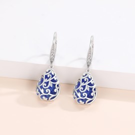 REDSUN Blue Sandstone Earrings for Women 925 Sterling Silver Tear Earrings Filigree Drop Earrings with Zirconia Buckle Jewellery for Women Girls, Silver, Created Sapphire