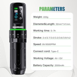 Dragonhawk L3 Cordless/Cord Tattoo Gun Rotary Pen Machine, 7 Strokes Length for Pro Artists, Powerful Mcore-L Tattoo Motor, Smart Display 2,000mAh Battery Power Supply Silver