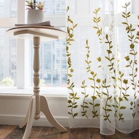 Melodieux Flower Embroidery Sheer Curtain for Living Room Bedroom, Farmhouse Style Rod Pocket Voile Drape, White/Green, 52 by 84 Inch (1 Panel)