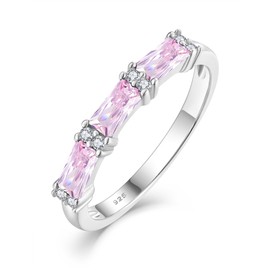 PYNZY Stackable Rings 925 Sterling Silver Ring for Women, Eternity Ring Band with Square Created Pink Tourmaline Birthstone Jewelry-6