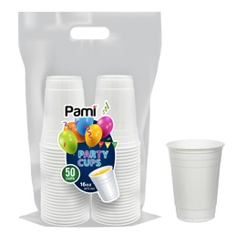 PAMI White Plastic Party Cups [Pack of 50] - 16oz Disposable Drinking Glasses- For Iced Tea, Smoothies, Punch, Beer, Cocktails - Beerpong Cups