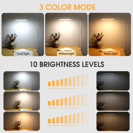 Voncerus LED Desk Lamp with Clamp, Eye-Caring Clip on Lights for Home Office, 3 Modes 10 Brightness, Long Flexible Gooseneck, Metal, Swing Arm Architect Task Table Lamps with USB Adapter, White