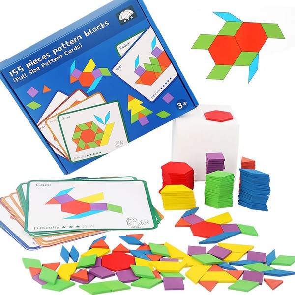 ECCHY Wooden Pattern Blocks Set, 155PCS Geometric Manipulative Shape Puzzle Colorful Wooden Puzzle Blocks with 12 Double-Sided Design Cards, Classic Early Educational Montessori Tangram Toys for Kids