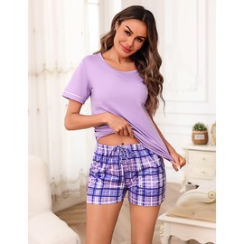 Irdcomps Women's Pyjamas Short Summer Cotton Sleepwear Sexy Pyjamas Set Short Sleeve with Shorts Checked, Lila_1, L