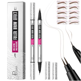 2 Pack Curved Eyebrow Pen and Eyeliner, 2 in 1 Dual Ended Microblading Eyebrow Pencil with 10 Brow Stencils, Waterproof Eye Brow Pencils for Women Create Natural Hair Like Brows (Natural Brown)