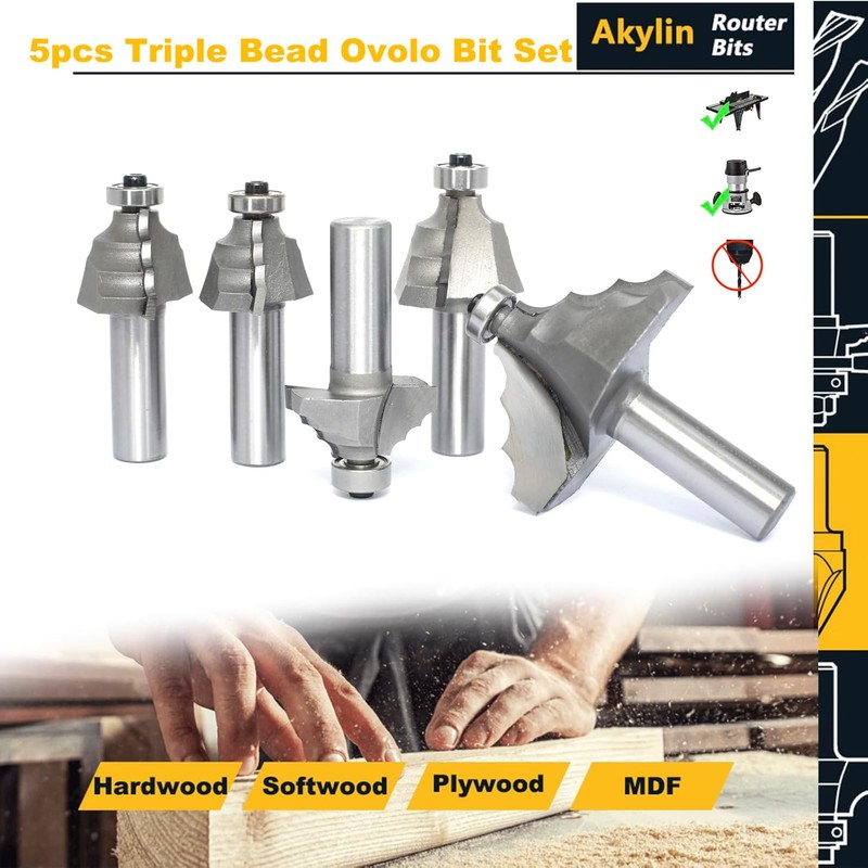 5Pcs Triple Bead Ovolo Bit Set,1/2" Shank,Radius 3.5mm, 4.5mm, 5.5mm,
