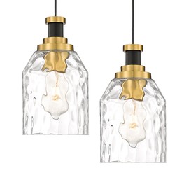 zeyu 2 Pack Modern Kitchen Pendant Lighting Over Island, Hanging Light Fixture for Dining Room, Water Ripple Glass Shade, Black and Gold Finish, ZG33M1L-2L BK+BG-WG