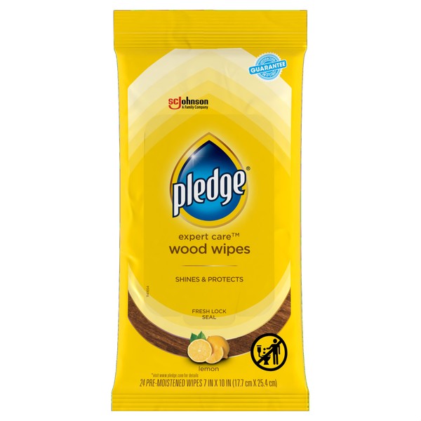 Pledge Expert Care Wood Wipes, Shines and Protects, Removes Fingerprints, Lemon Scent, 24 Count (Pack of 1)