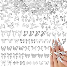 Uotey 70 Pcs Silver Butterfly Nail Charm, Multi Styles 3D Butterfly Nail Charms and Gems Bow Nails Charms, Silver Butterflies Bow Tie Alloy Charm for Acrylic Nails Art DIY Accessories