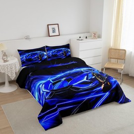 Feelyou Kids Blue Race Car Comforter Set Full Size, Speed Sports Car Comforter Boys Girls Racing Car Bedding Set Extreme Sports Teens Duvet Set Bedroom Decor Microfiber Bed Set