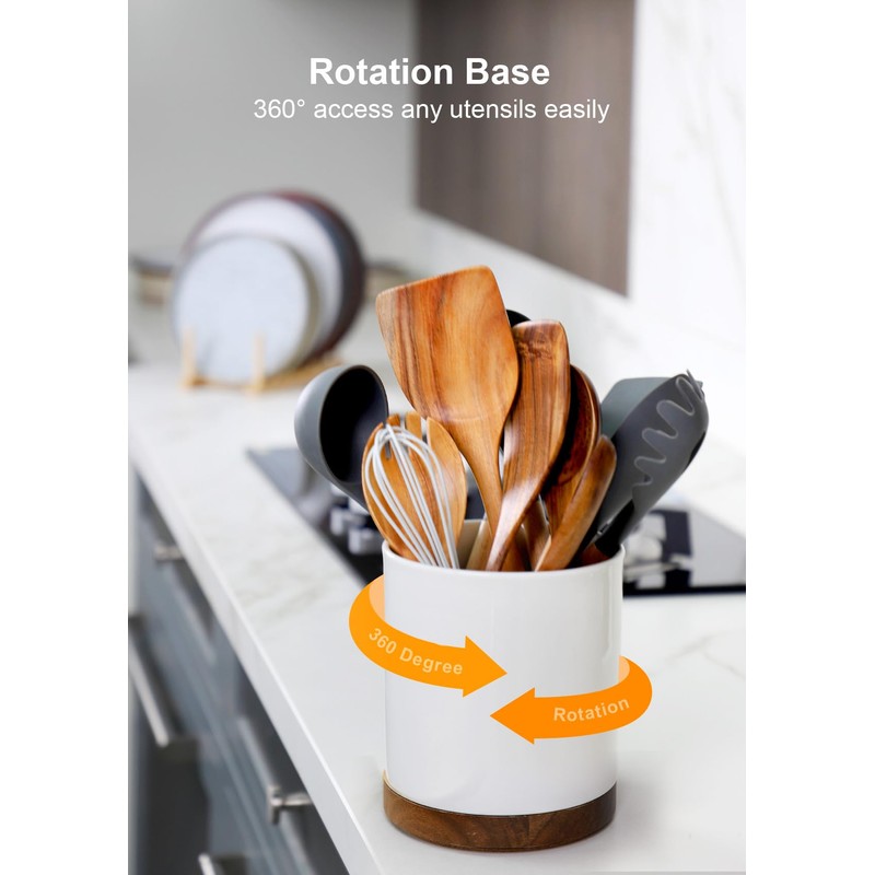 Nucookery 360° Rotating Utensil Holder, 7.2" Large Utensil Crock, White